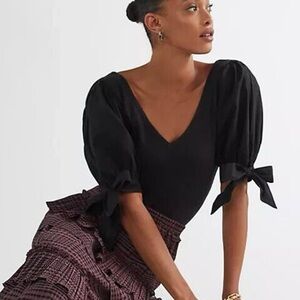 ⭐️ NWT Anthropologie Maeve Puffy Tie Bow Short Sleeve Top Black V Neck MEDIUM